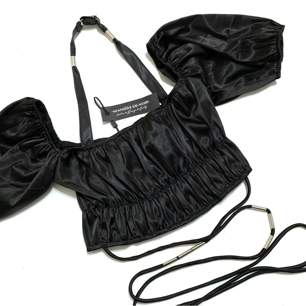 NWT Maniere de Voir Black Satin Feel Puff Sleeve Sexy Crop Top 6
